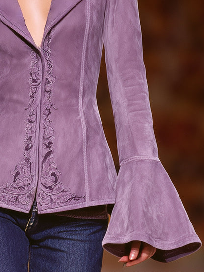 Veste Vintage en Suédine Violet avec Broderies Élégantes
