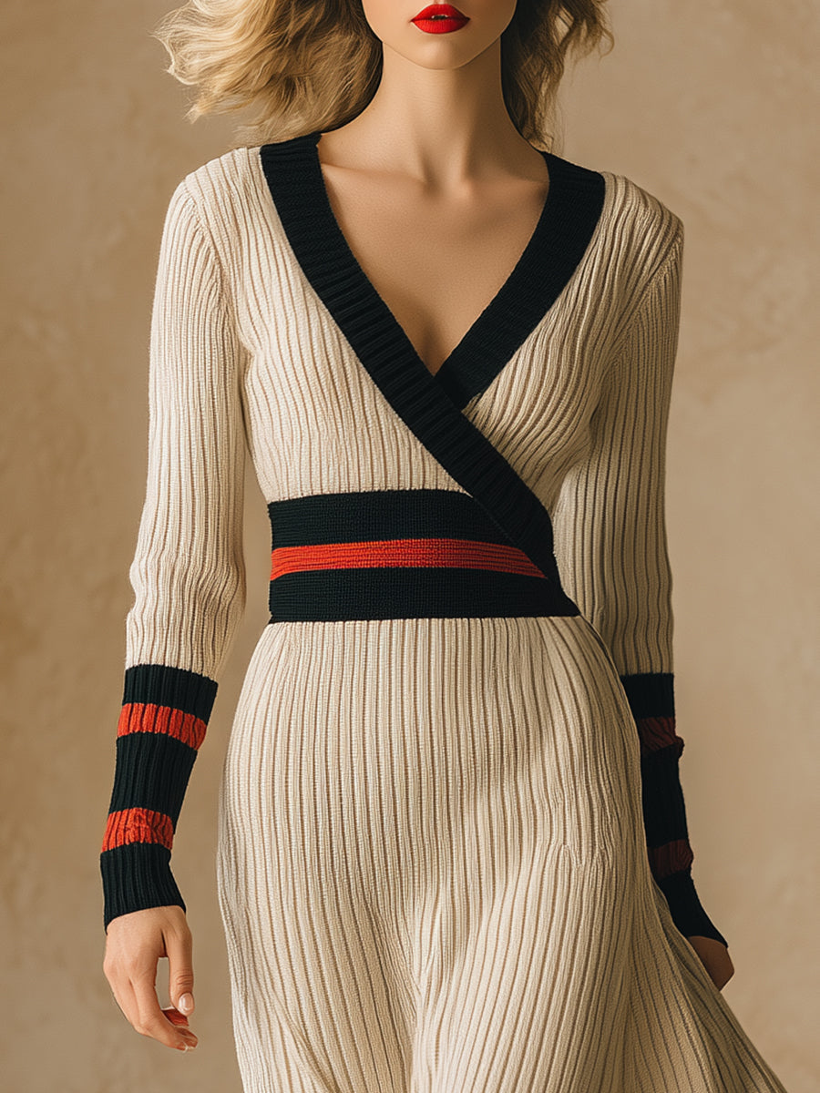 Robe Midi Rétro Beige à Rayures Rouge et Noire