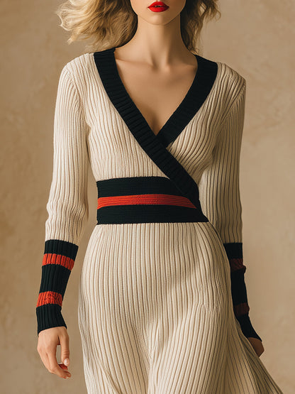 Robe Midi Rétro Beige à Rayures Rouge et Noire