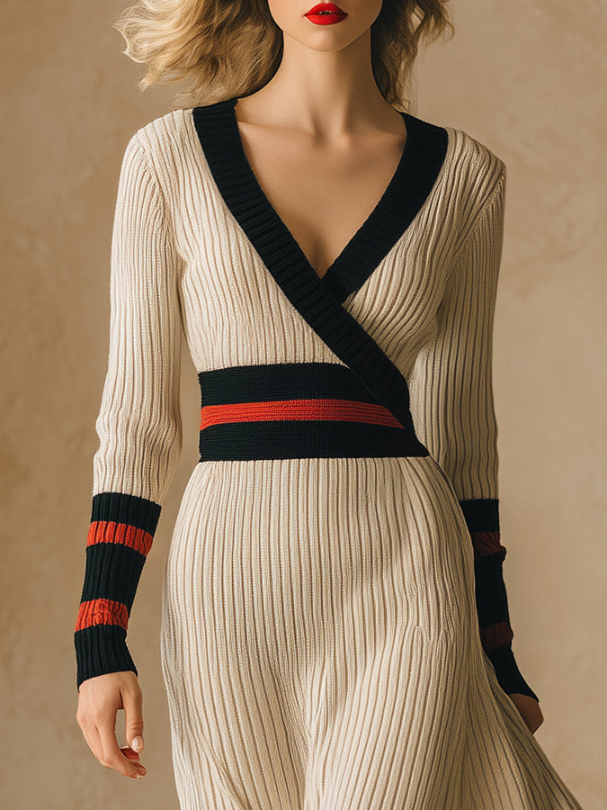 Robe Midi Rétro Beige à Rayures Rouges et Noires