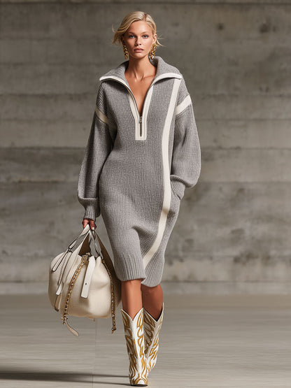 Robe Midi Tricotée avec Poches Doubles, Fermeture Éclair et Élégant Col Revers