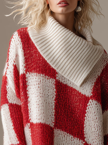 Robe Mini Tricotée à Col Asymétrique en Vichy Rouge et Blanc