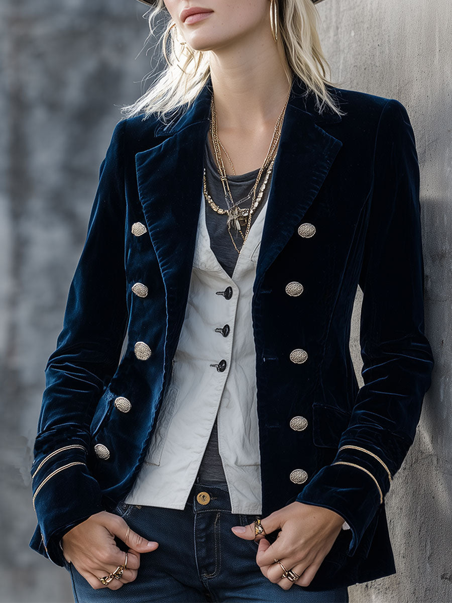 Veste Retro en Velours Bleu Foncé à Double Boutonnage