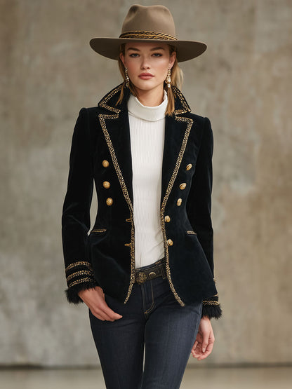 Veste en Velours Chic à Boutons avec Détails Contrastants