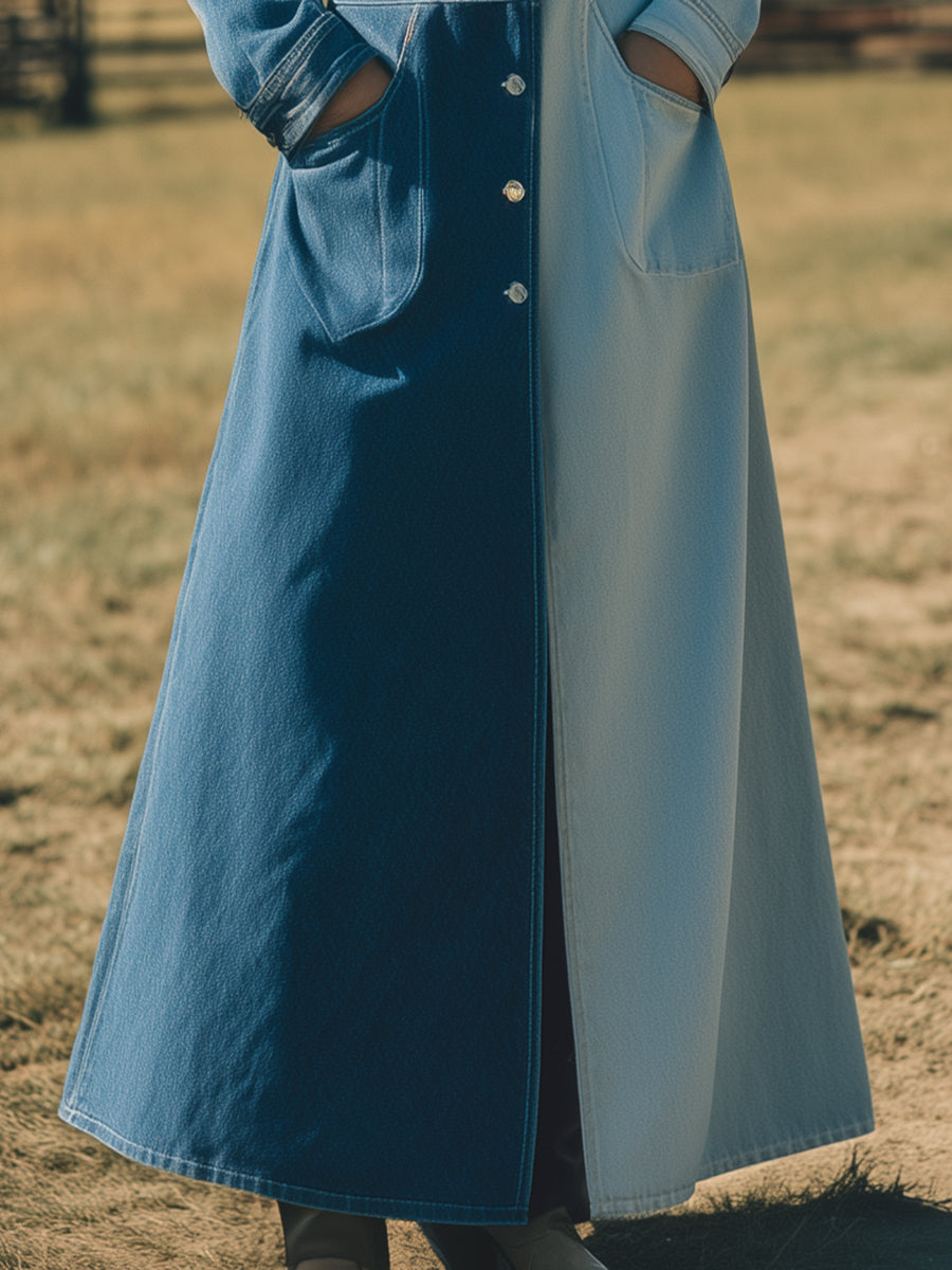 Trench Long en Denim Colorblock : Élégance Bleu Foncé et Bleu Clair