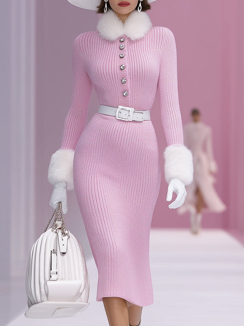 Robe Midi en Fausse Fourrure de Lapin avec Détails Roses et Boutons-Pression Élégants