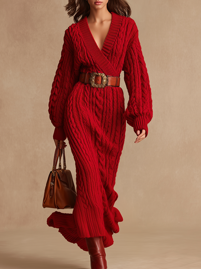 Robe Maxi Tricot à Câbles avec Manches Longues et Décolleté V Rétro