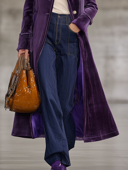 Veste Longue en Velours Côtelé Violet Rétro avec Col en Fourrure Synthétique