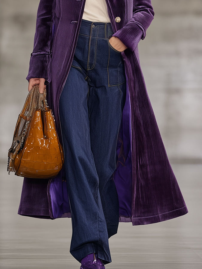Veste Longue en Velours Côtelé Violet Rétro avec Col en Fourrure Écologique