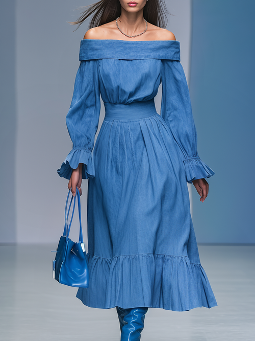 Robe Maxi en Jean à Manches Longues et Épaules Dégagées - Élégance Rétro