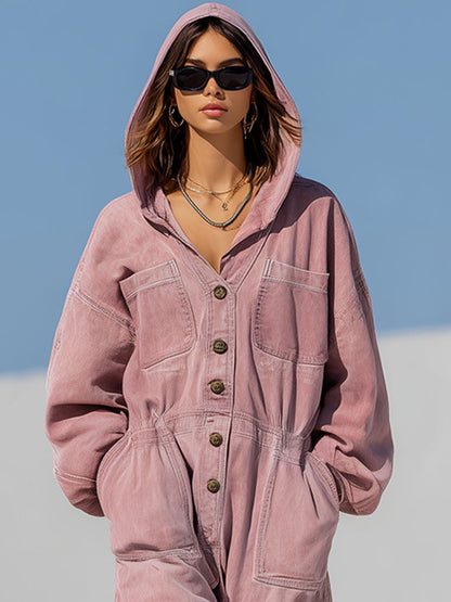 Combinaison en denim rose rétro à capuche avec taille élastique - Style décontracté