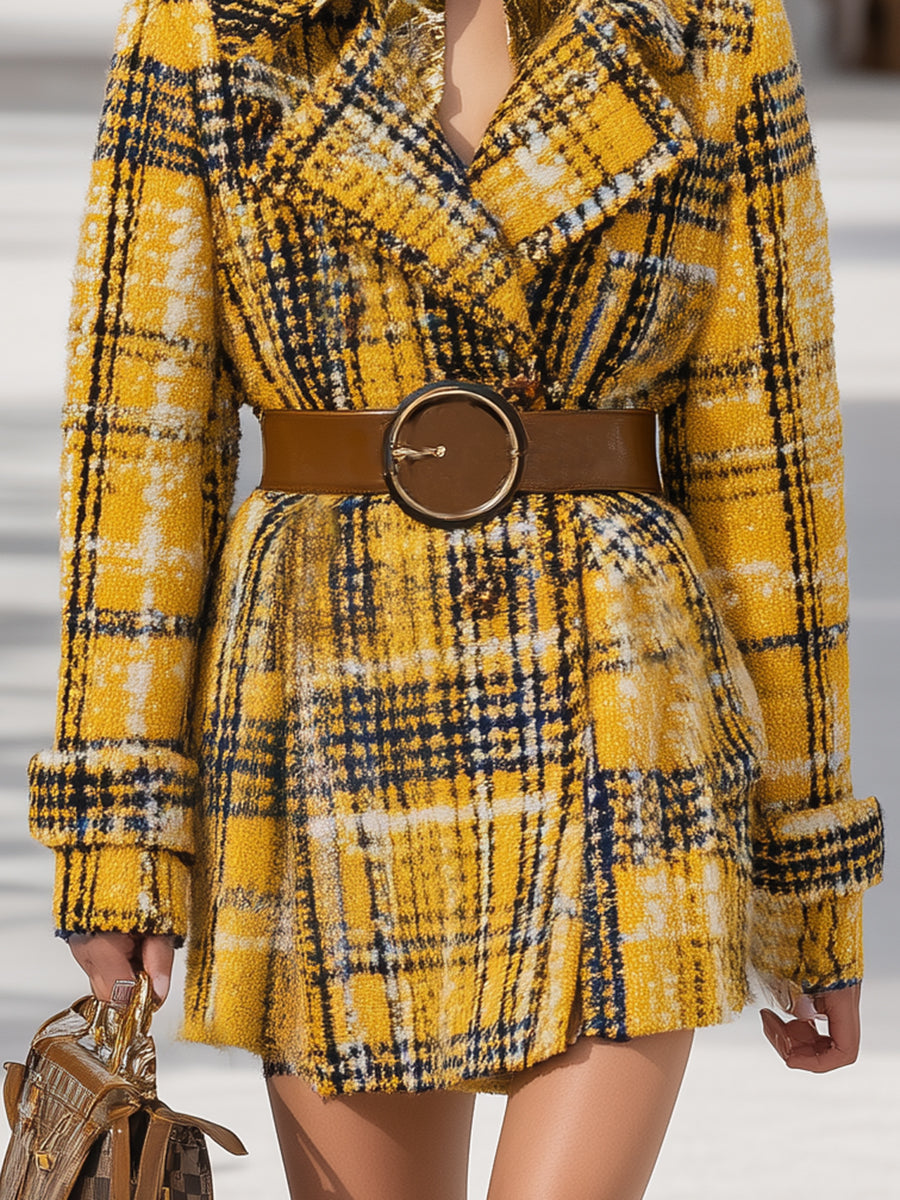 Veste mi-longue à motifs tartan jaune vintage