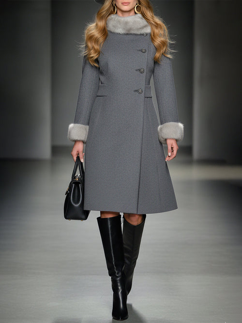 Veste en Laine Grise avec Col en Fourrure Synthétique - Élégance et Chic Assurés