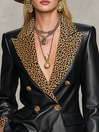 Veste Chic en Simili Cuir avec Imprimé Léopard