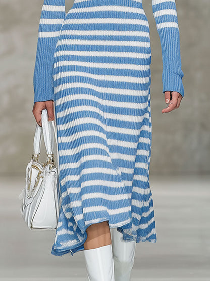 Robe Midi Rayée Rétro en Tricot Bleu et Blanc avec Zip Partiel