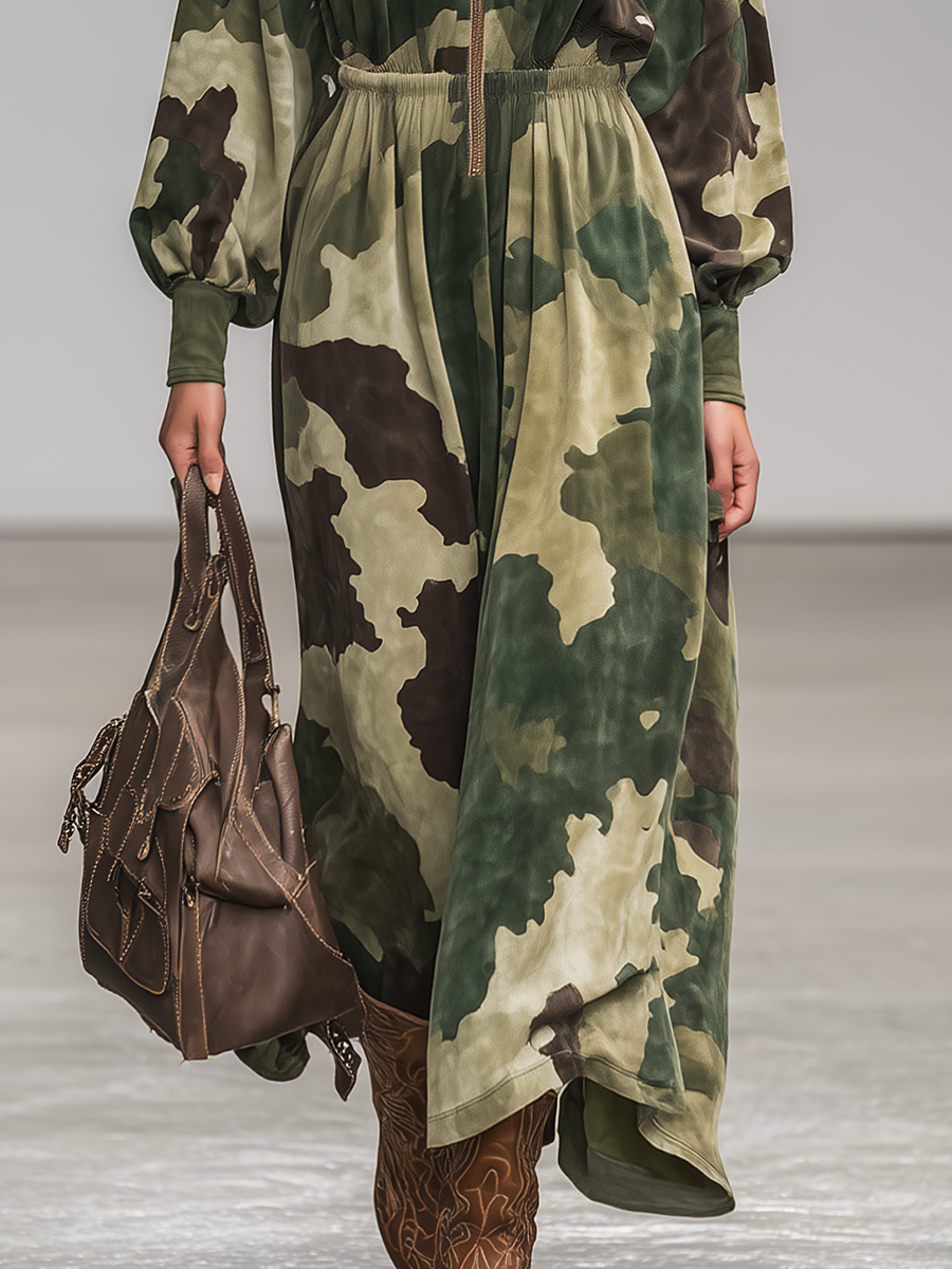 Robe Maxi en Suédine Camouflage à Col Zippé - Style Sportif Rétro