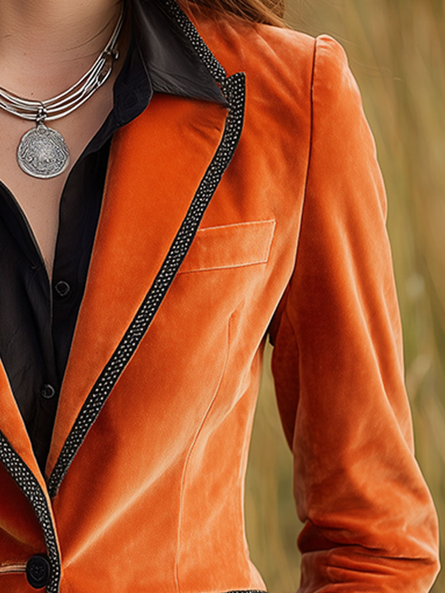 Veste Vintage en Velours Orange avec Patches Distinctifs