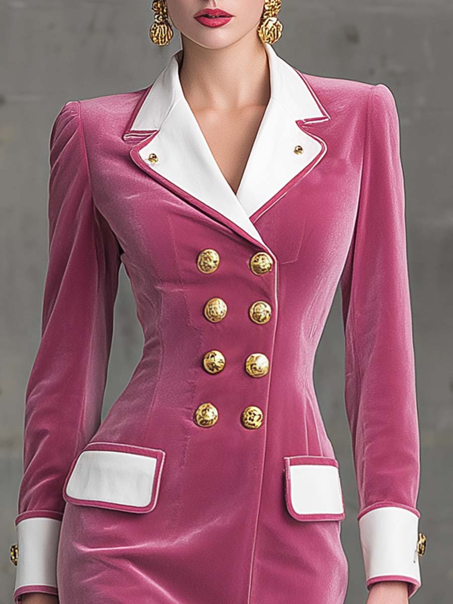 Robe Midi en Velours Rose à Col Notch et Boutonnage Double - Élégance Rétro avec Ourlet en Feuille de Lotus