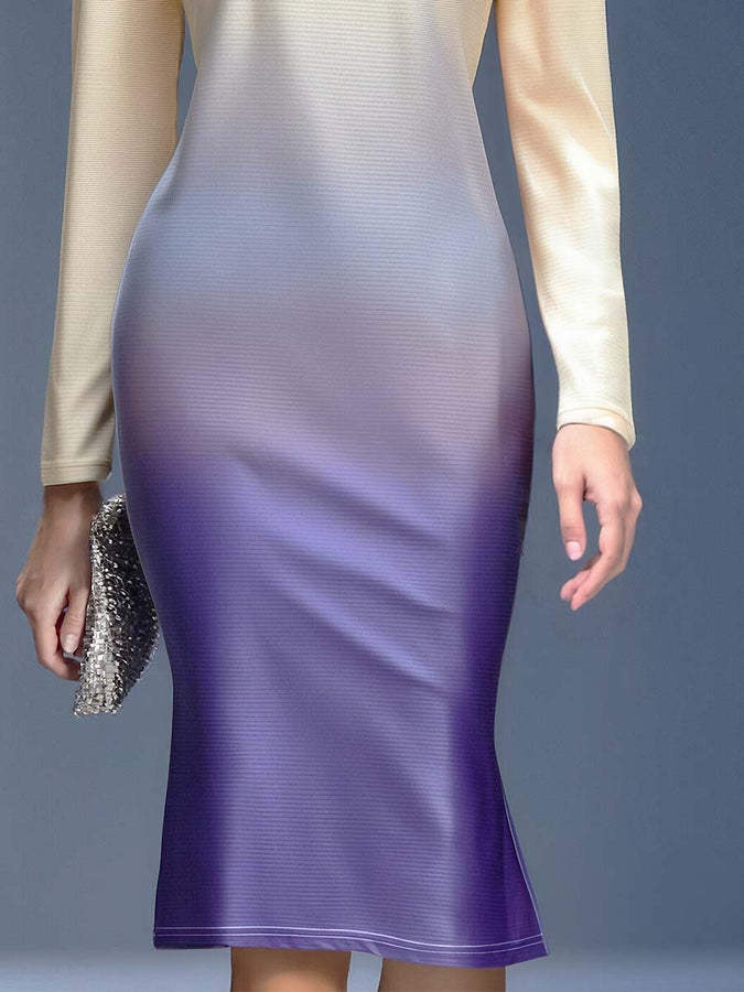 Robe Midi Élégante à Motif Floral 3D en Dégradé Beige et Violet
