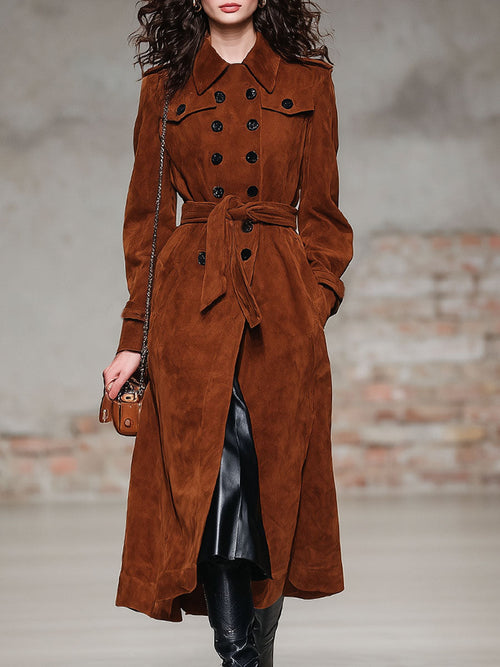 Trench en Suédine à Double Boutonnage avec Lacets - Coupe Oversized