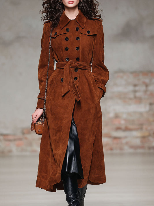 Trench en Suédine à Double Boutonnage avec Lacets - Coupe Oversized