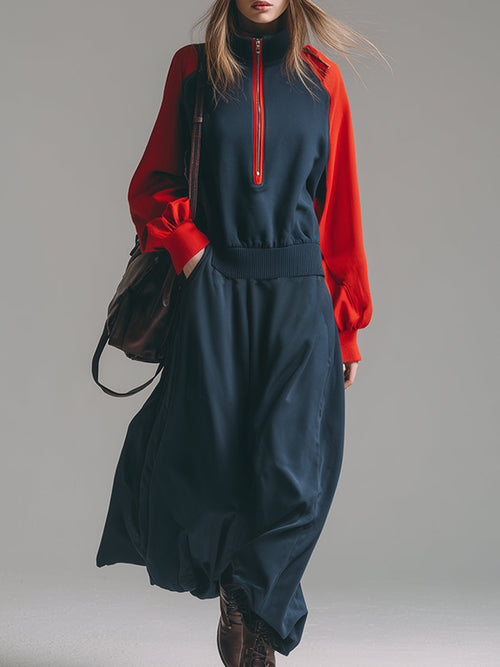 Robe Maxi Sport-Chic en Sweatshirt Bleu Foncé avec Manches Raglan Contrastées