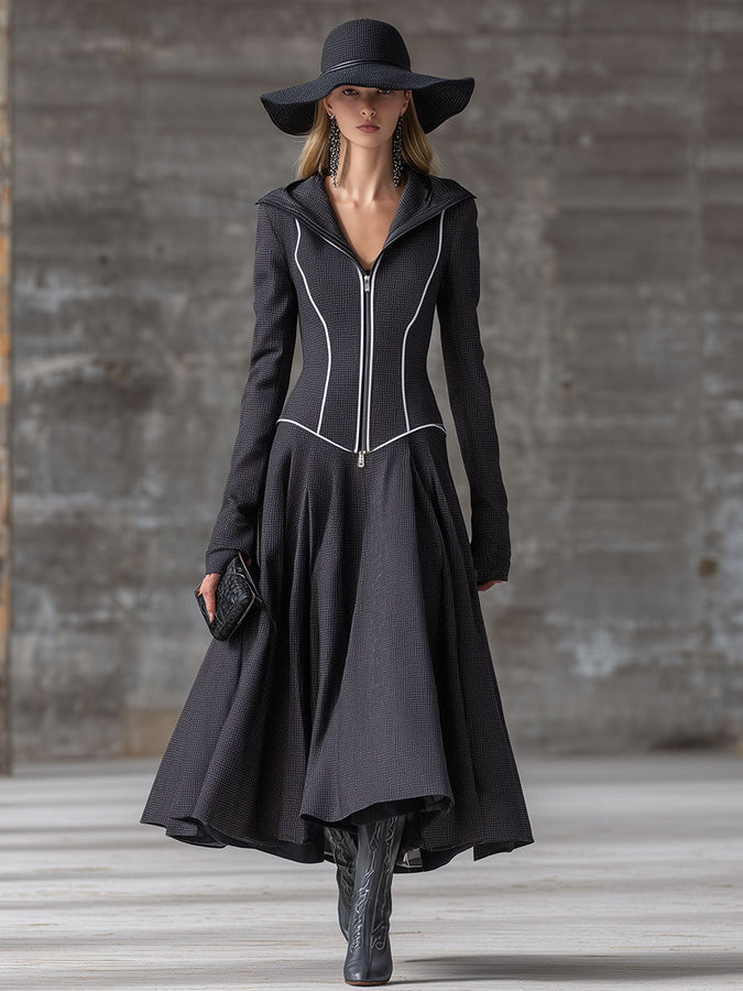 Robe Maxi Grise Rétro à Zip : Élégance Vintage