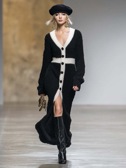 Robe Maxi Noire Tricotée avec Boutons Avant - Décolleté en V et Détails Blancs dans un Style Rétro Élégant