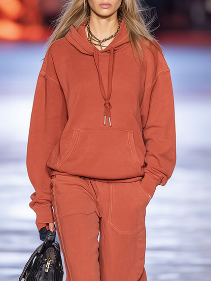 Ensemble Sportif Décontracté : Sweat à Capuche Orange Rétro à Manches Longues