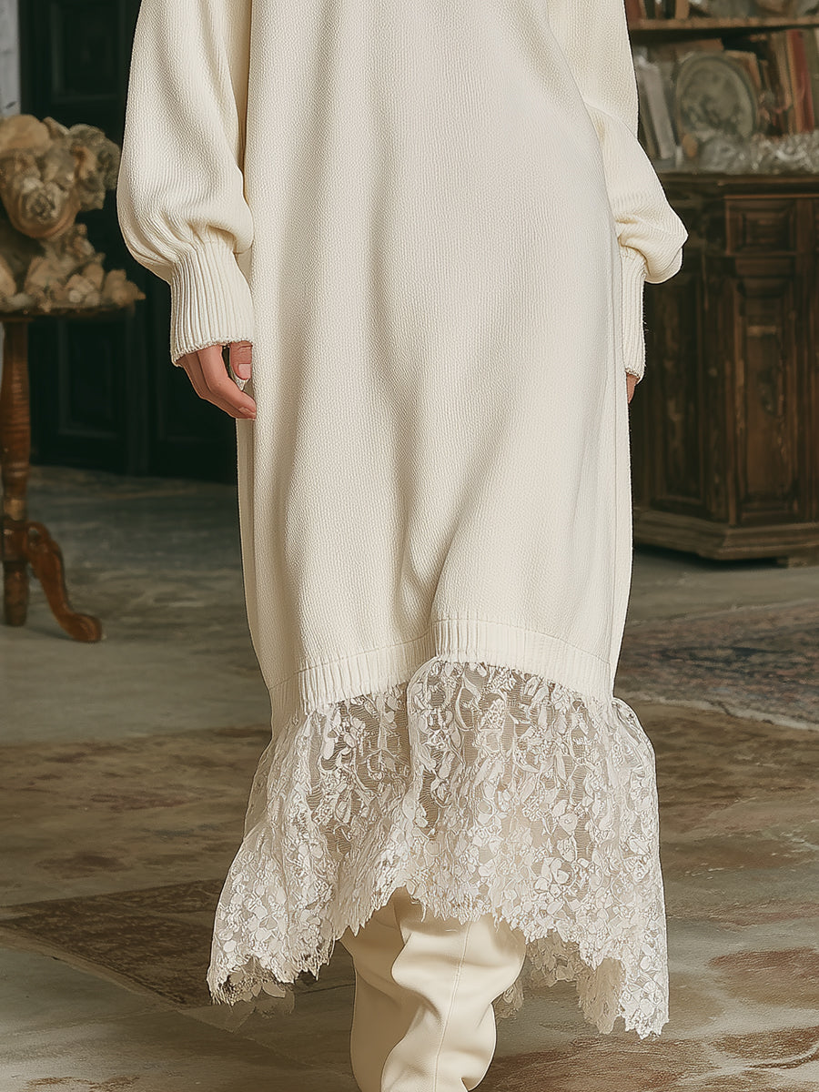 Robe Maxi Tricotée Blanche avec Élégant Col en Dentelle de Feuille de Lotus