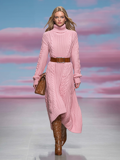 Pull Robe Chic à Col Montant et Manches Longues