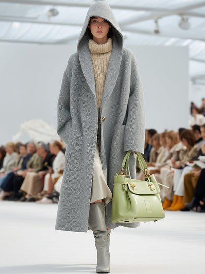 Veste à Capuche Chic en Mélange de Laine Herringbone Gris Clair