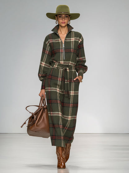 Robe Vintage à Carreaux avec Col Zippé et Manches Longues