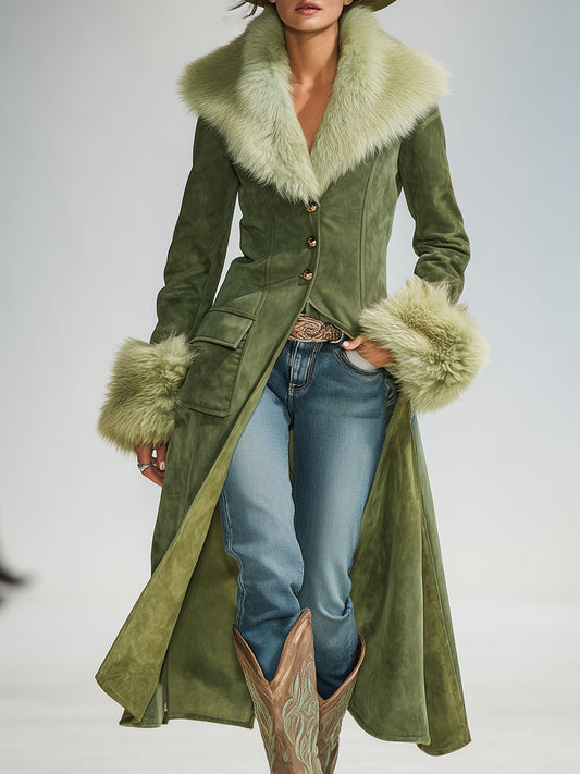 Veste en Suède Synthétique Vert avec Col en Fausse Fourrure au Style Vintage