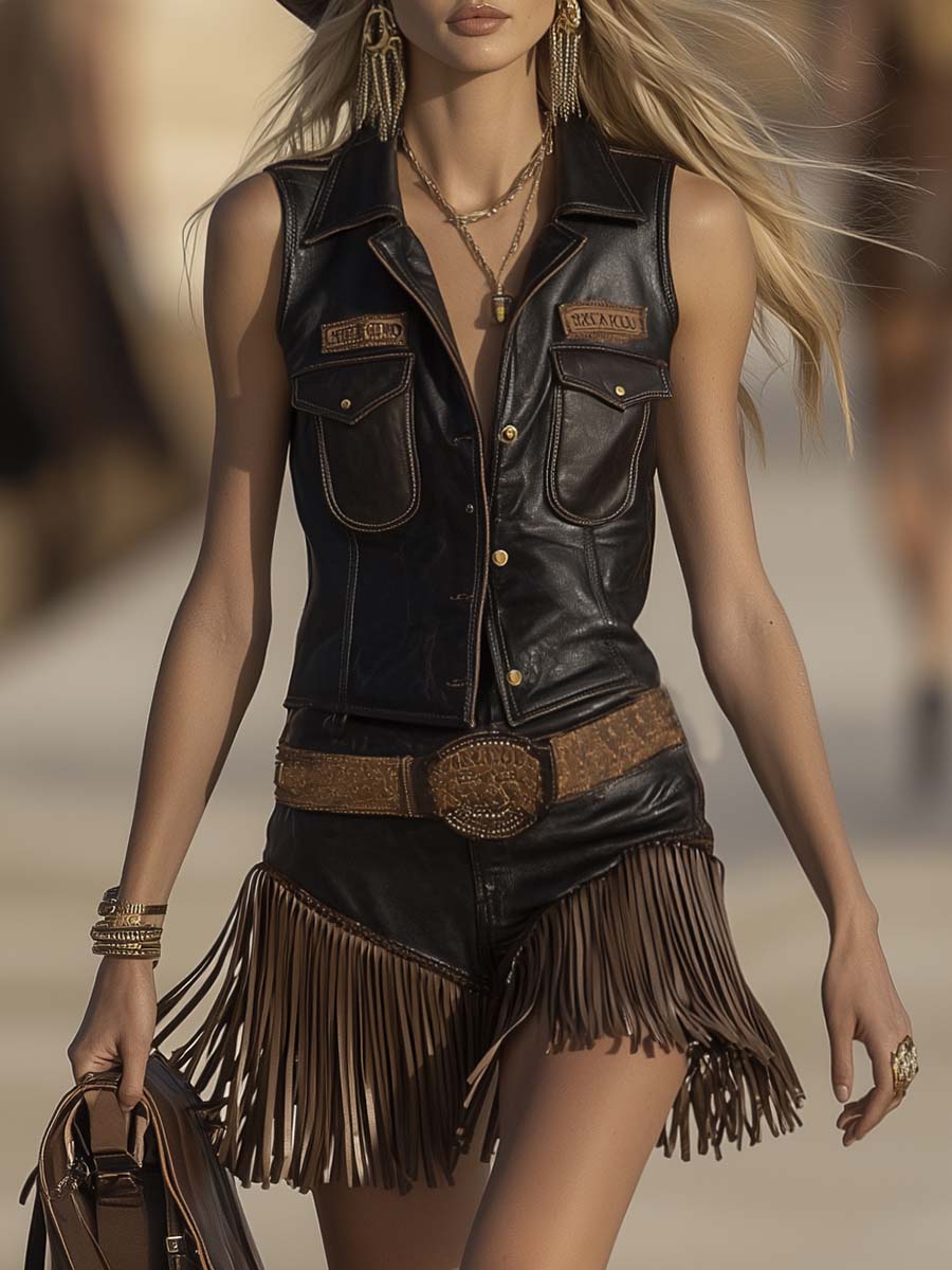 Ensemble Chic en Cuir Vieilli Marron Foncé : Gilet à Col en V et Shorts à Franges