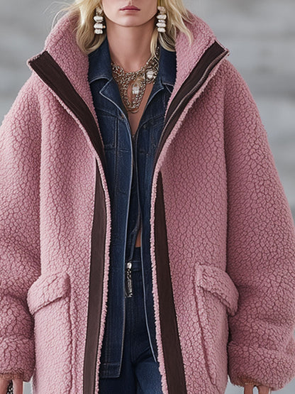 Veste en polaire rose avec accents en suède synthétique - Chic nomade urbain rétro