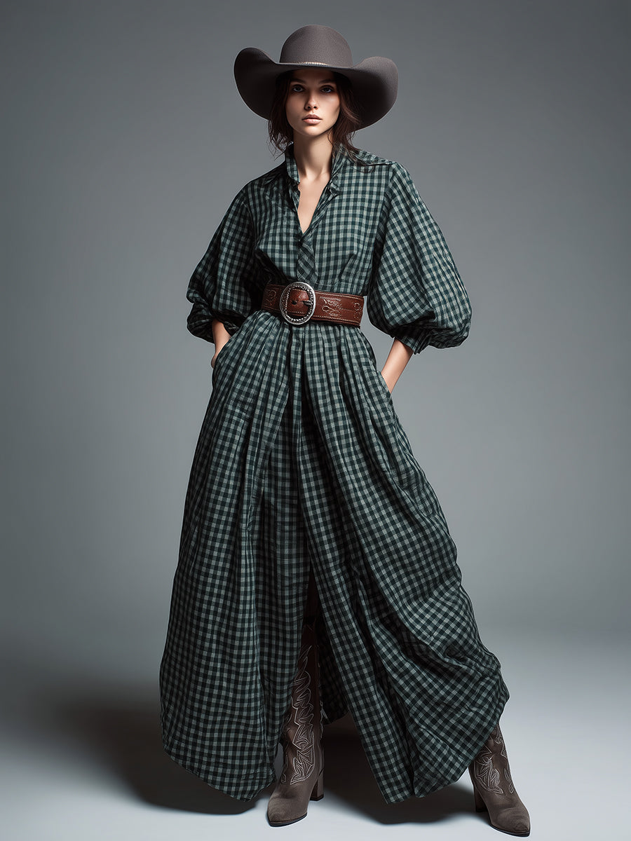 Robe Maxi à Manches Bouffantes en Tartan Vert Vintage
