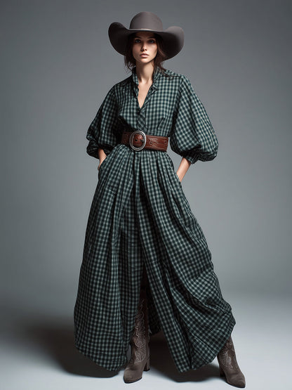 Robe Maxi à Manches Bouffantes en Tartan Vert Vintage