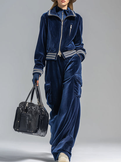 Ensemble Sportif Rétro en Velours Côtelé Bleu Foncé : Veste et Pantalon