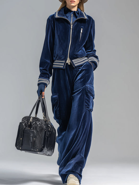 Ensemble Sportif Rétro en Velours Côtelé Bleu Foncé : Veste et Pantalon