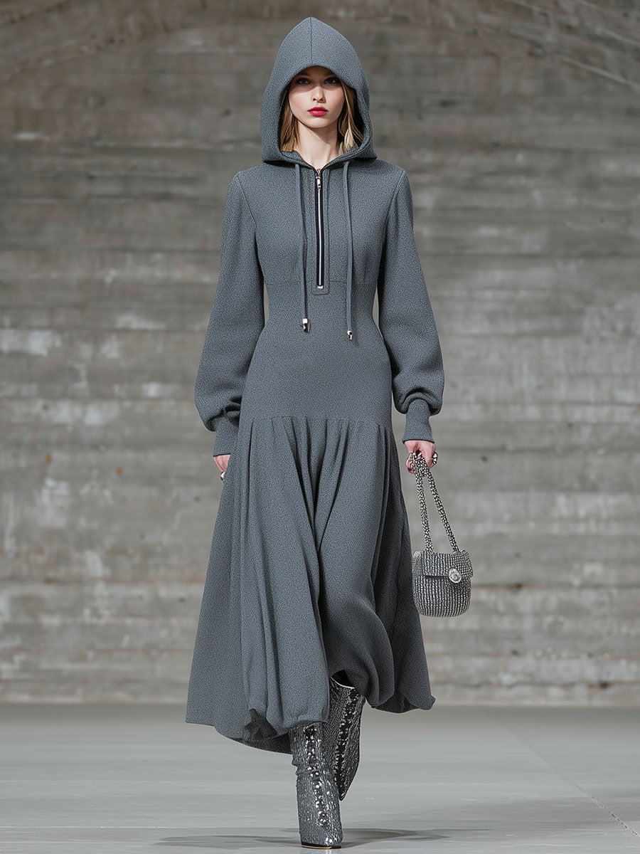 Robe Midi Grise à Capuche avec Fermeture Éclair et Détail Épingle de Sécurité