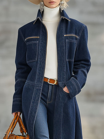 Veste en Denim Bleu Marine à Demi-Zip - Style Décontracté Rétro