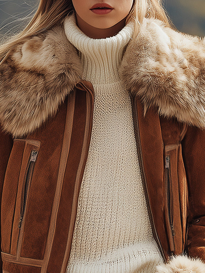 Veste en faux suède marron avec col en peluche au style vintage western