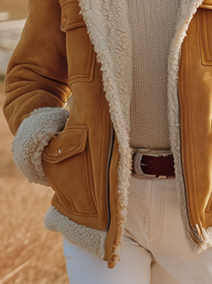 Veste Vintage Western en Suède Synthétique Jaune avec Poches Multiples et Doublure Polaire