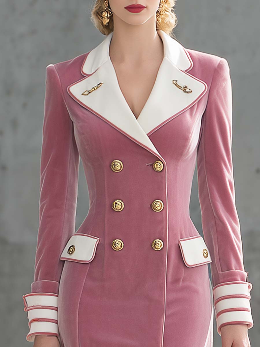 Élégante Robe Midi en Velours Rose Pâle à Double Boutonnage et Revers Contrastés - Vintage Chic