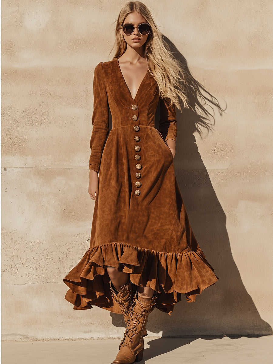 Robe Maxi en Faux Suède Caramel avec Volants au Style Vintage Western