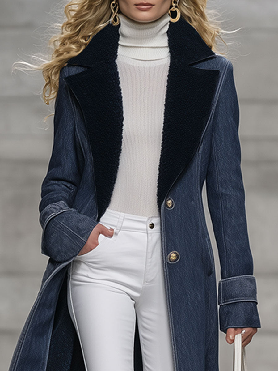 Veste en Jean Vintage Casual Doublée en Polaire Bleu Marine