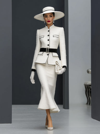 Veste en Tweed Blanc Patchwork avec Détails en Ruban Noir et Jupe Évasée