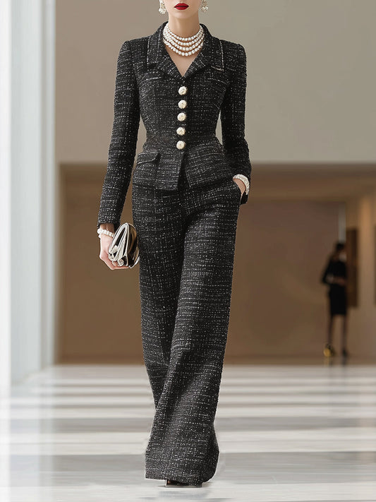 Set de Pantalons Amples en Tweed Noir à Boutons Élégants