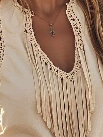 Débardeur sans manches en coton et lin avec dentelle à franges - Style rétro western, expédition rapide sous 24 heures !